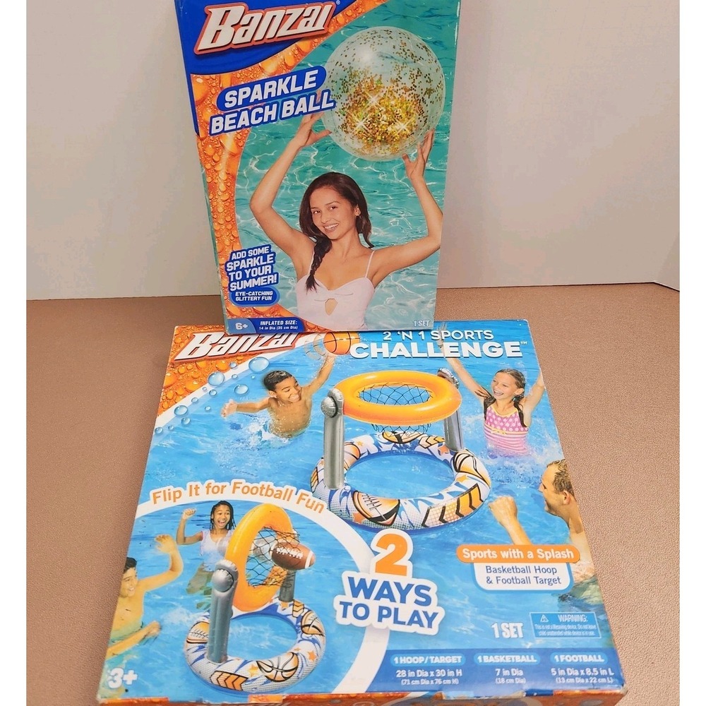 2 Banzai Pool Toys - Sports Challenge Basketball/Football & Sparkle Beach Ball